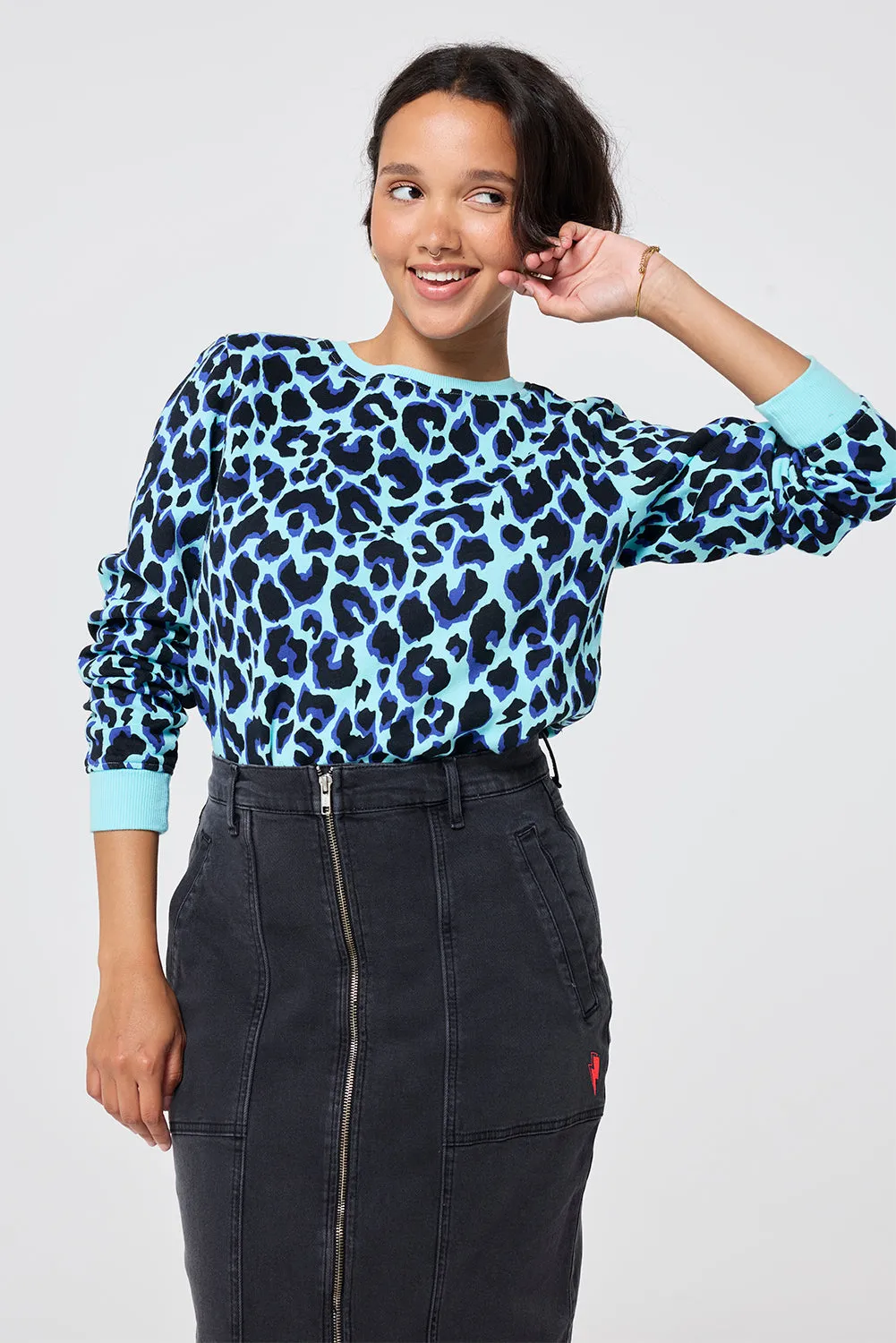 Turquoise with Black and Blue Shadow Leopard Classic Sweatshirt